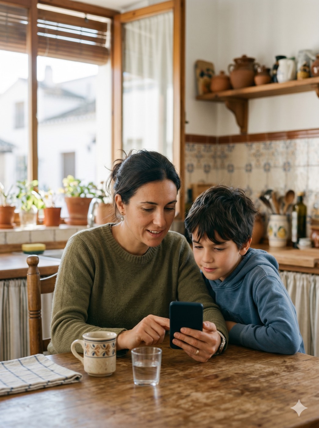 A mother helping her son with a phone at home