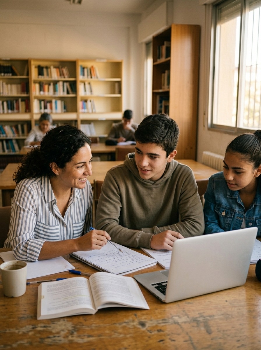 Estudiantes colaborando con apoyo de IA