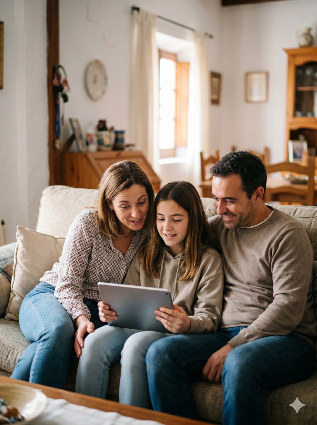 Parents helping their daughter with a tablet on the sofa